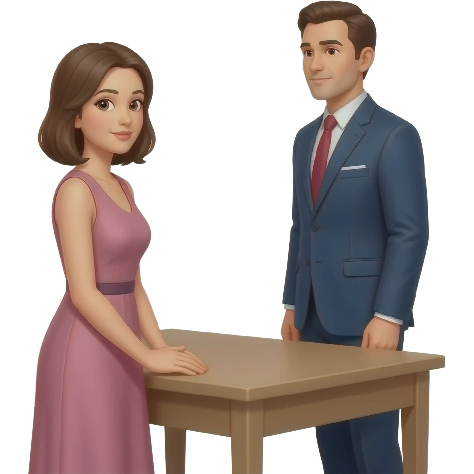 een zij aanzicht van aangeklede vrouw staat met handen op tafel, man staat tegen haar aan achter haar emoji