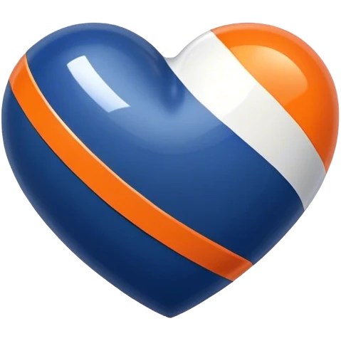 Glossy, sporty dark blue heart with diagonal white and orange athletic stripes going down one side emoji