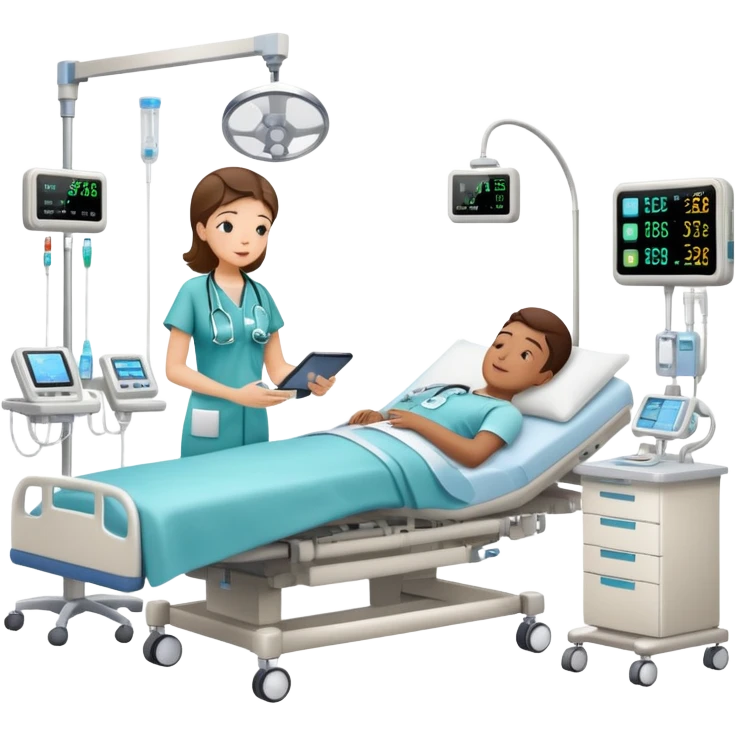 Hospital sleep laboratory room with patient in hospital bed connected to sleep monitoring equipment, nurse checking vitals, medical charts, and hospital IV stand emoji
