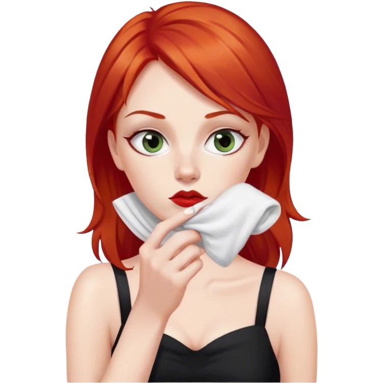 a woman with red hair and red eyes sniffing a white sock. The woman wear a black  dress emoji