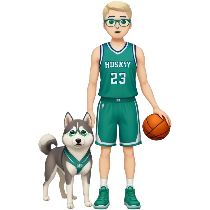 full body husky tall white male basketball wearing glasses in blue an green uniform emoji