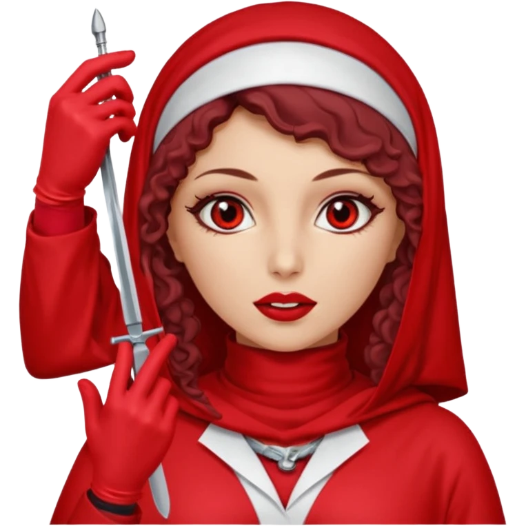 Lilith scalpel in hand, evil surgeon outfit.  She has red eyes. She has dark brown curly hair. Hair is long . Wears sexy doctor outfit with red gloves. Cover, neck and mouth with Muslim red burka emoji