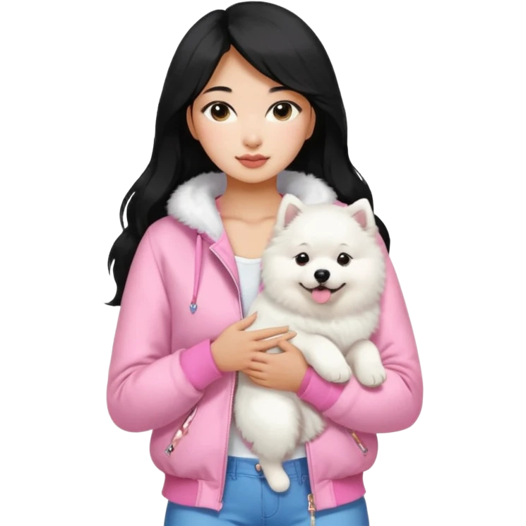 A black long hair asian pretty girl with a bright skintone using a baby pink juicy couture jacket with white tanktop holding a samoyed dog emoji