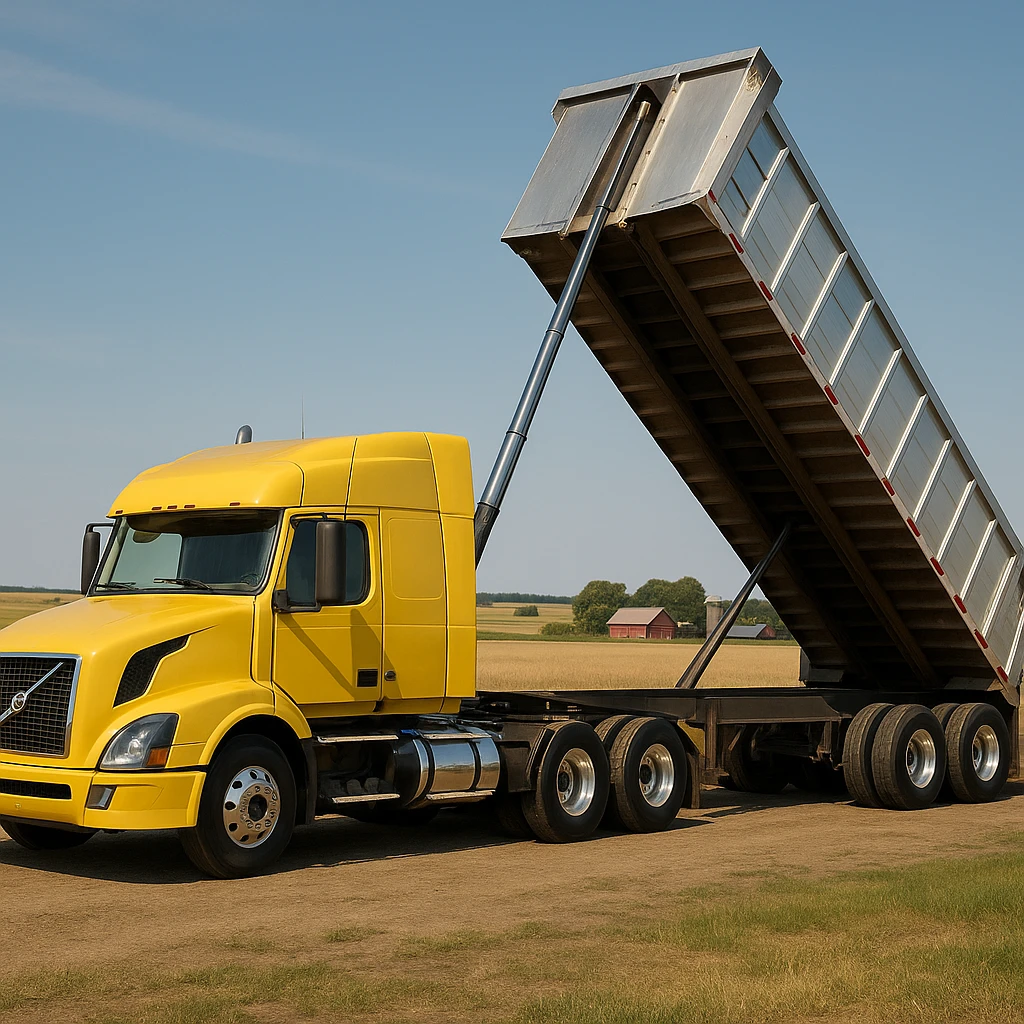 photorealistic Volvo yellow semi sleeper truck with a long silver end dump trailer, trailer raised in dumping position, side view, parked in a realistic country landscape with open fields and distant barns, sunny day, truck facing left emoji