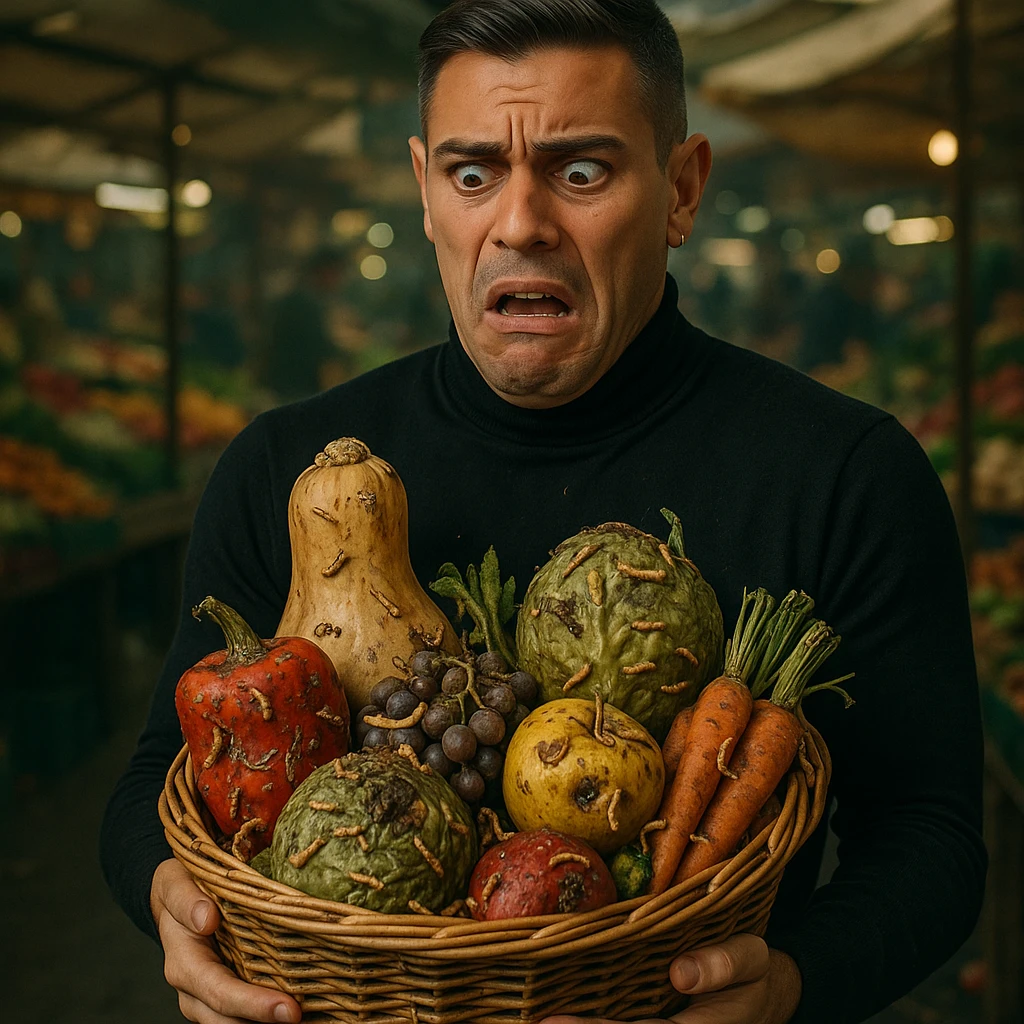 Create a realistic or semi-realistic style image of a 30-year-old man inspired by the reference image, holding a basket of fruits and vegetables. The man has a shocked or disgusted expression. The produce has visible worms, larvae, and insects. The background is a market. Focus on textures and a health risk atmosphere. emoji
