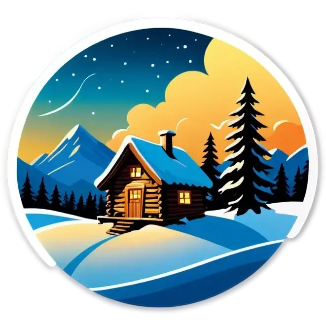 Eine Hütte im Wald mit einer Glaskuppel auf dem Dach, Winterlandschaft, Schnee und Nordlichter am Himmel emoji