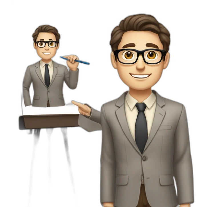 Pale skinned fit man with dark brown hair in gray jacket, beige office shirt, brown tie, brown pants and vintage glasses Writing text on the flipchart emoji
