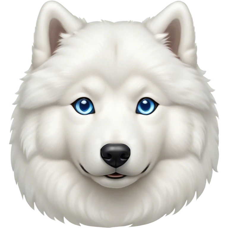 Cinematic Noble Samoyed Portrait Emoji, Poised and regal, with a majestic, sturdy build and a luxuriously fluffy pure white Fur, deep-set soulful blue eyes, Simplified yet sharp and sophisticated features, highly detailed, glowing with a soft, dignified glow, high shine, intelligent and gentle, stylized with an air of elegance, focused and attentive, soft glowing outline, capturing the essence of a watchful and confident companion, so majestic it feels as though it could bound out of the screen with effortless authority! emoji