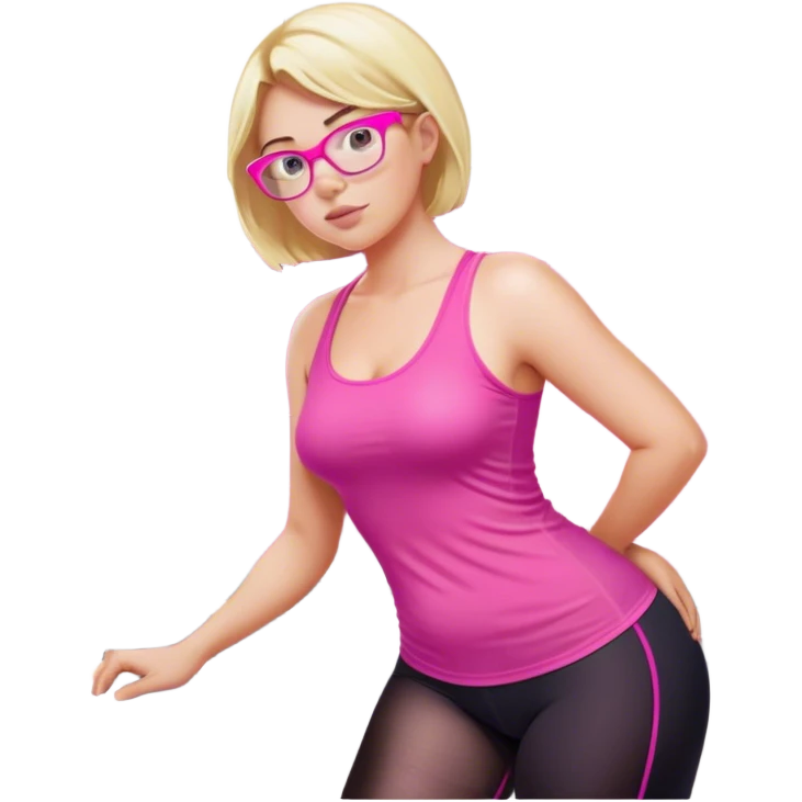Curvy fair and freckled skinned woman, short blond hair, small light purple reading glasses, washing dishes, short flowing sheer hot pink tank top, without undergarments SFW, black yoga pants, thick booty emoji