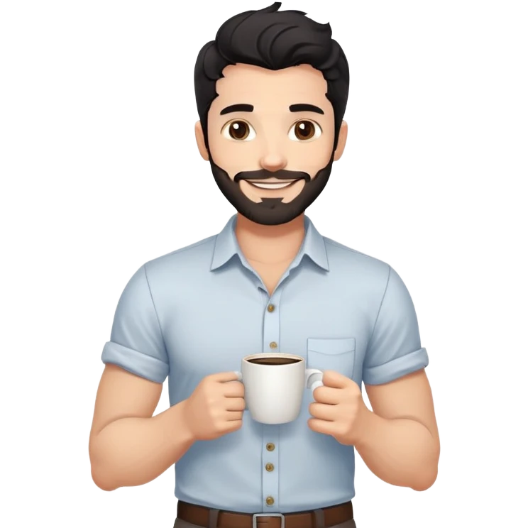 Casual portrait of a 35-year-old man with black wavy hair, stubble, strong jawline, white skin tone, wearing casual button-up shirt with rolled sleeves, holding coffee cup, friendly approachable smile, relaxed confident pose for social media emoji