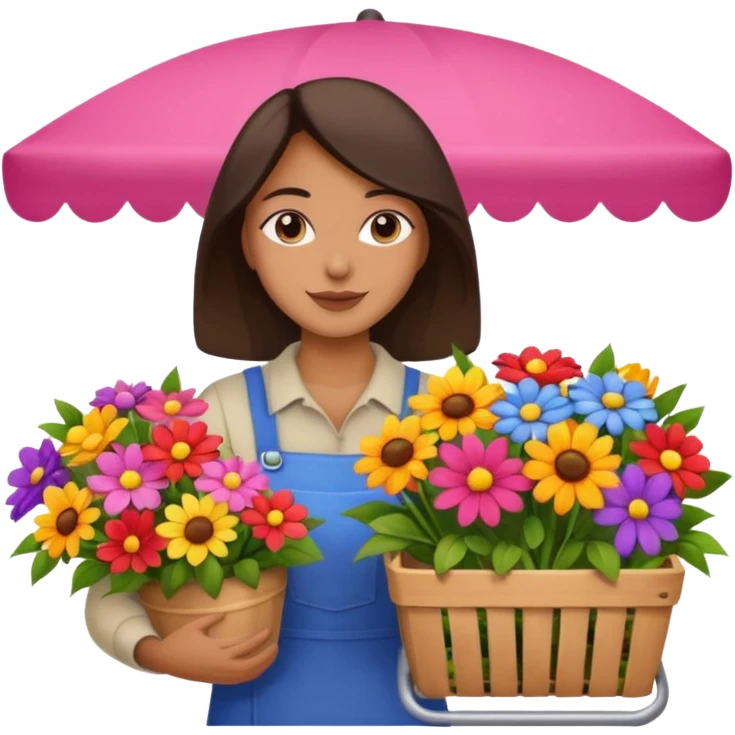 Shopper with flower bouquet,Farmers’ Market, background Flowers cart, market. emoji