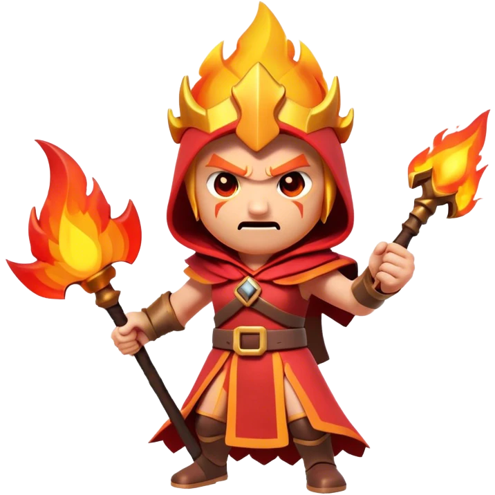 Clash of Clans aesthetic: Cinematic Ferocious Fire Mage Hero closeup Emoji, rendered in a 3D vector-style similar to standard emojis with minimal shading and bold, simplified shapes. A compact, isometric figure draped in flowing, charred and ember-lined robes, wielding a fiery staff crackling with intense flames. Eyes burning with an infernal glow, exuding raw, untamed power. Simplified yet unmistakably iconic, highly detailed and consistent, glowing with a fiery, molten radiance and high shine. Stylized with a touch of menacing sorcery and a searing, ember-infused outline, capturing the essence of a wrathful mage ready to unleash devastating fire magic! emoji