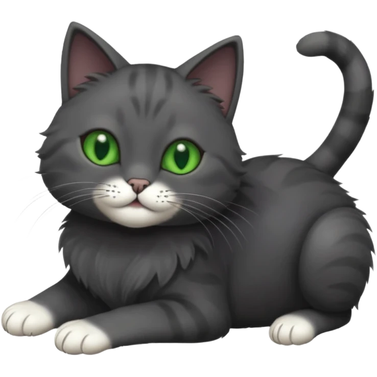 solid dark grey cat with green eyes, completely solid grey face, white toes/paws playfully rolling upside down emoji