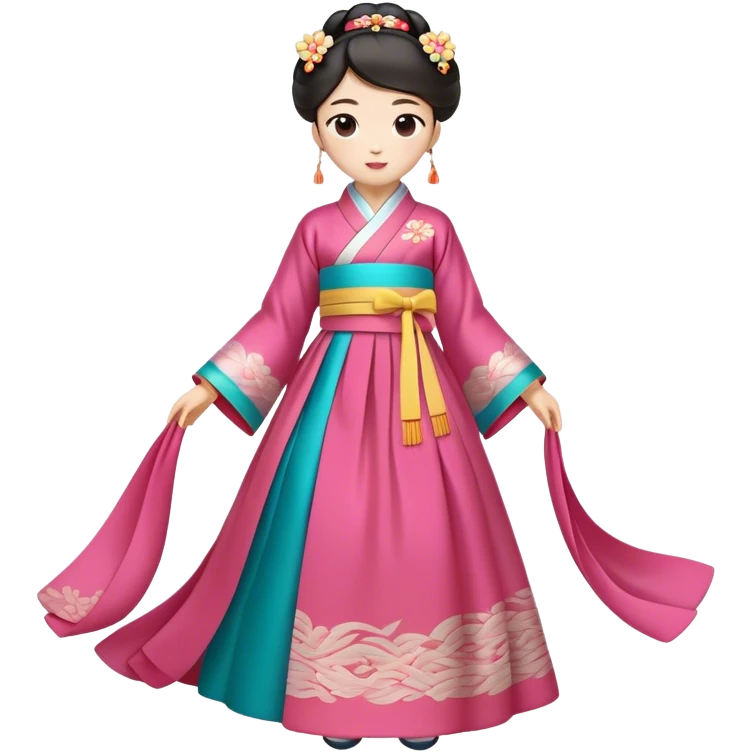 Cinematic Realistic Hanbok Emoji, depicted as a graceful intricately designed traditional Korean dress with vibrant colors and flowing lines, rendered with delicate textures and soft cultural lighting that captures its timeless elegance. emoji