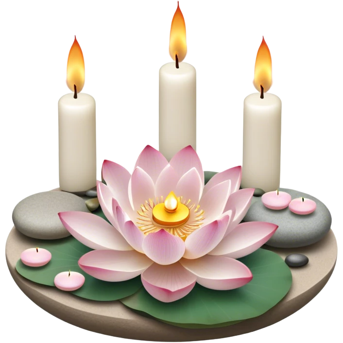 A photorealistic icon featuring lotus flowers, burning incense sticks, smooth round sea stones, and multiple small round candles arranged in a calming, tranquil setting. Soft, peaceful colors with detailed textures that evoke mindfulness and inner peace. Transparent background. emoji