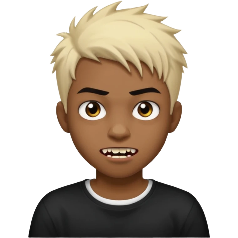 Black Male Teenager with Short punk messy blonde hair, Dark brown bushy eyebrows large expressive golden-brown eyes, wearing a plain white t-shirt, Dark Brown skin color. vampire tooth emoji