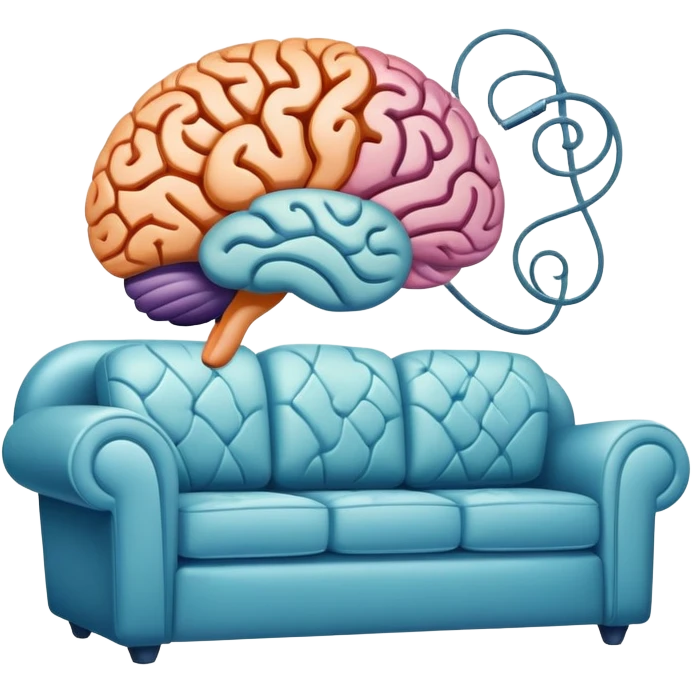 An icon featuring a brain, a couch, and a psychological test, symbolizing the study of psychology. The design includes abstract patterns representing the mind, with a calm, therapeutic setting in the background. Transparent background highlights the exploration of human behavior and mental health. emoji