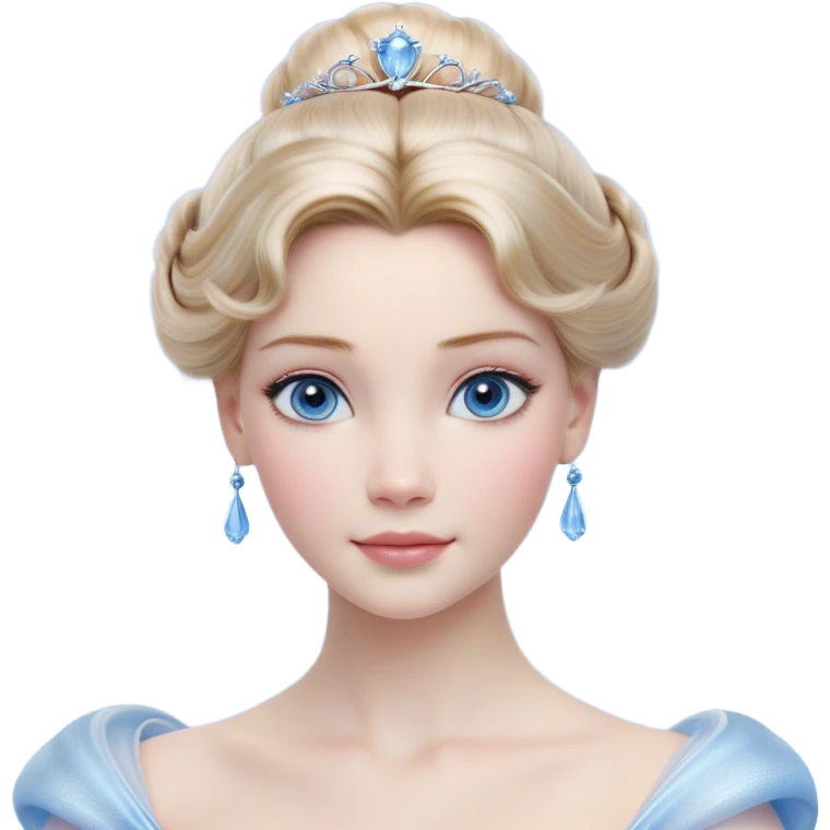 Cinematic Realistic Cinderella Portrait, depicted with lifelike skin texture, subtle rosy undertones, and soft natural lighting that enhances the gentle contours of her face. Her intricately detailed golden blonde hair is elegantly styled in an updo, with delicate wisps framing her face. Her deep, expressive blue eyes radiate warmth and sincerity, reflecting a quiet resilience and grace. She holds a glass slipper gently in one hand, her other hand resting gracefully at her side, emphasizing the timeless beauty of the moment. She is dressed in her iconic ball gown, the fabric shimmering with intricate embroidery and fine translucent layers that catch the light beautifully. The soft sheen of satin gloves adds a magical touch to her graceful pose. The portrait features an enchanting glow with a natural, luminous finish, seamlessly blending realism and fairytale charm to evoke a sense of depth, elegance, and timeless beauty. emoji