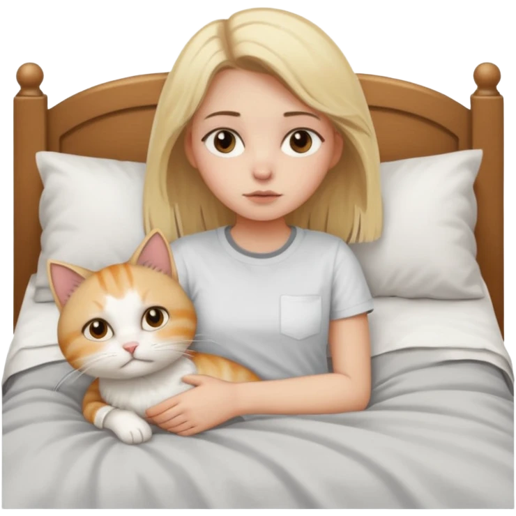 They recreate a photo of a blonde girl with light brown eyes, lying in bed sick with the flu, with her cat nearby. emoji