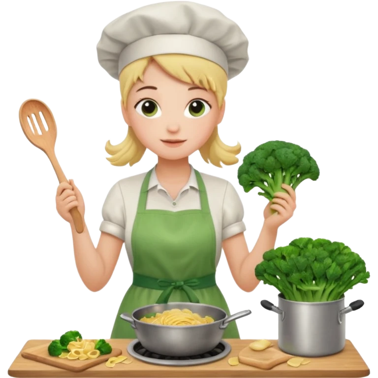 Girl cooking pasta for the first time with broccoli emoji