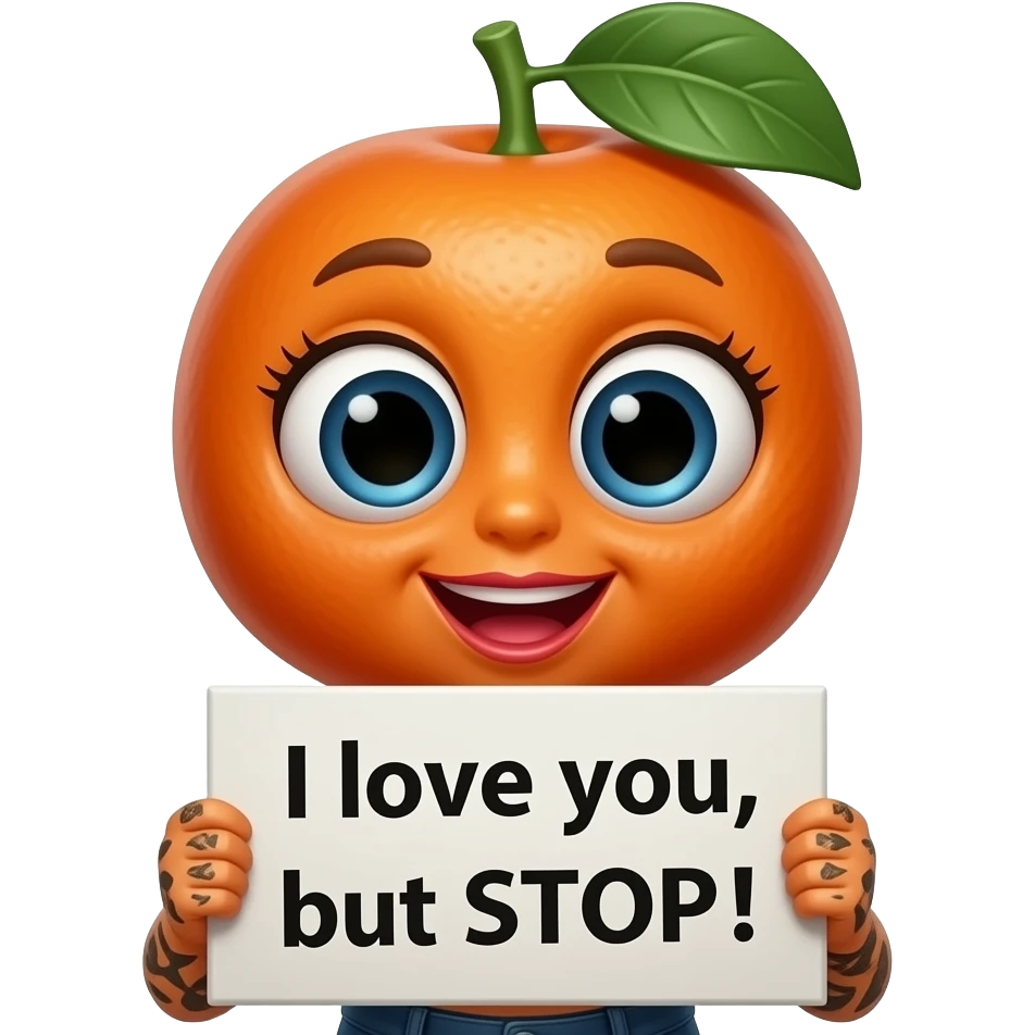 Sexy tattooed Kumquat holding sign saying “I love you, but STOP !” emoji