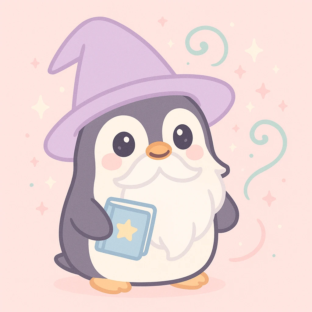 playful penguin wizard with long beard, oversized hat, spellbook, surrounded by magical effects, charming and whimsical emoji
