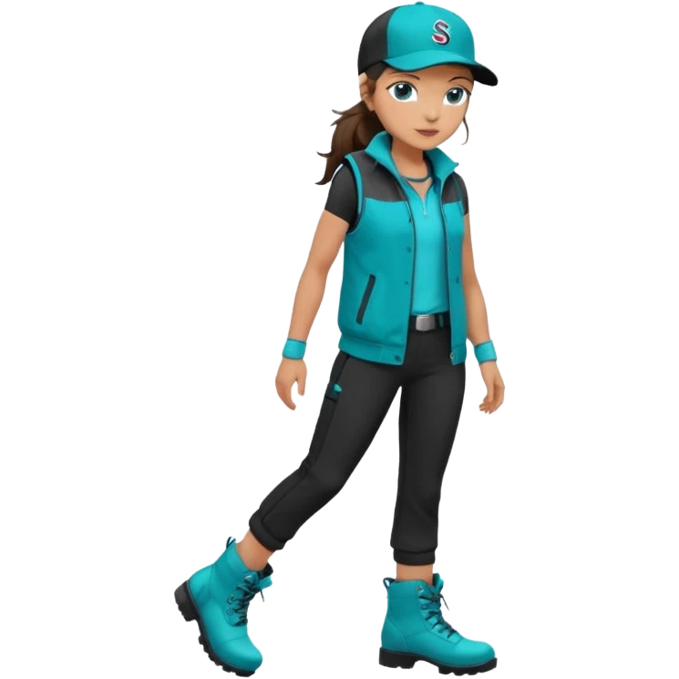 A landscaper in a beautiful turquoise jacket and turquoise boots, black pants, and a black sleeveless shirt. On his head is a black Swissotel baseball cap. The girl is a brunette with blue eyes. emoji