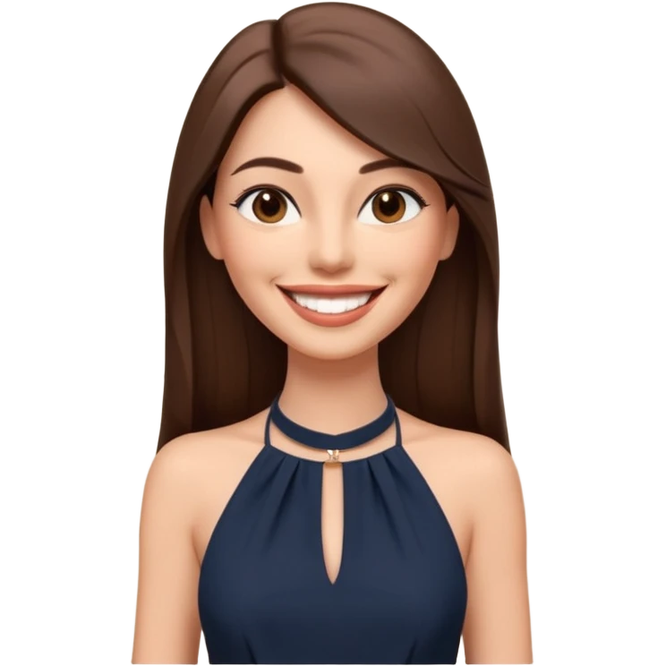 emoji-style illustration of a stylish pretty big smile woman with long straight brown hair, wearing a dark halter neck dress, elegant and chic slayed look, front-facing, soft 3D cartoon rendering, plain background emoji