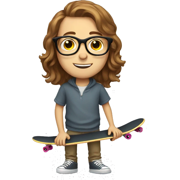 A brown-haired white boy  with glasses and a skateboard emoji