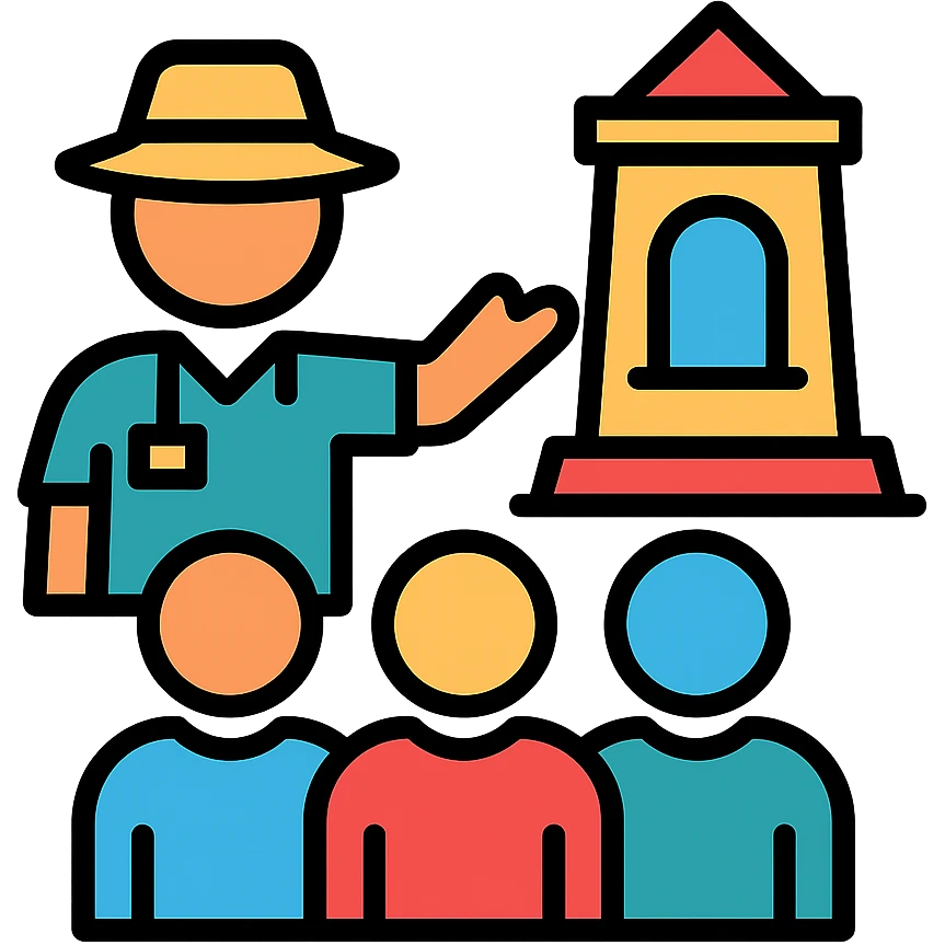 travel guide pointing at a monument, group of people listening, color outline icon emoji