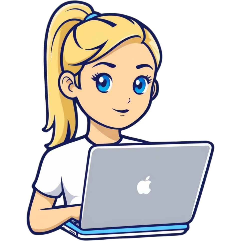 Hyper Realistic  
Blonde woman ponytail blue eyes with MacBook emoji