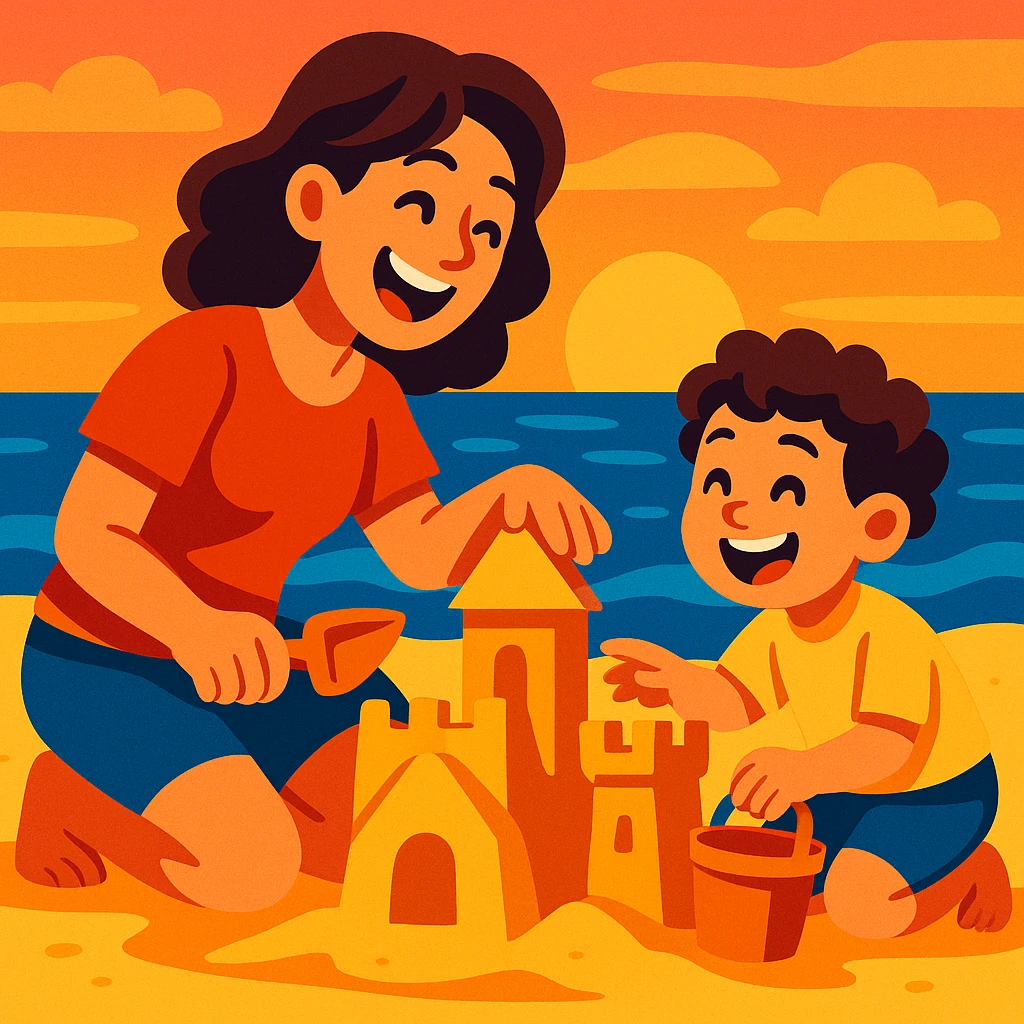 Cartoonish mother and son building a sandcastle together at sunset, playful and joyful emoji