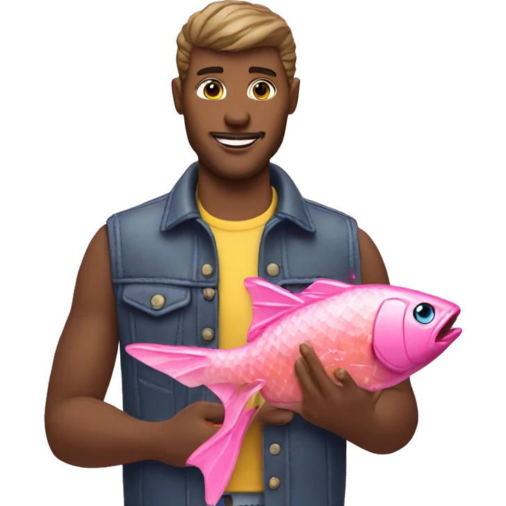 man holding a barbie and the barbieholding a fish emoji