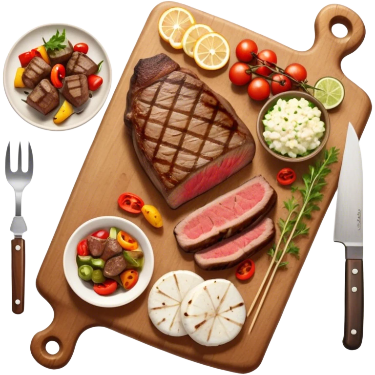 icon featuring a chef’s hat, a cutting board with fresh ingredients, a knife, a beautifully cooked ribeye steak, shashlik skewers, and a plate of food in the making. The design captures the passion of cooking with warm, inviting colors, and realistic textures. Transparent background. emoji