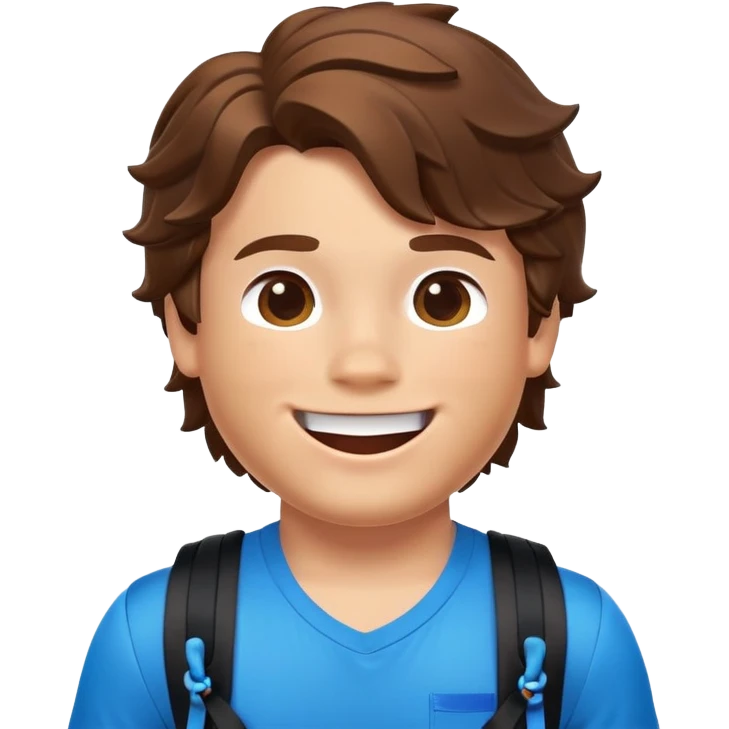 a roblox thick boy has a pitch skin,brown hair that a wave,hasve a face that a smile then in the mid side it has the toung out,black shirt with blue backpack and bluee ropes and one o the ropes of  the bag it has a blue ribbon emoji