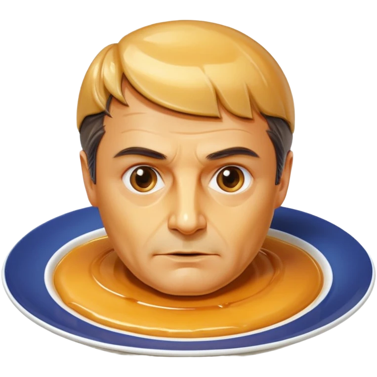 flan dessert bust and head of François Fillon, skin glossy creamy yellow flan texture and color, hair shiny translucent dripping caramel, entire face and head carved from flan, on a round white plate emoji