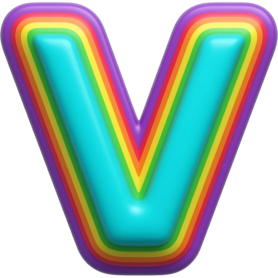 name "v" in bright blue teal green 3D style typography lettering, each color of the rainbow as a border outlined around each letter, isolated, 3d rendering, no emoji icons no emoji faces and must have no human figures emoji