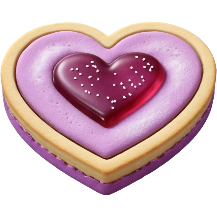 Realistic shortbread cookie in the shape of a heart with mauve jelly middle filling and sprinkled powder sugar on top. emoji