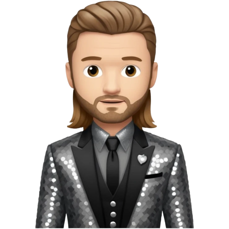 Justin Timberlake with long light brown hair, grey sequin tour outfit  emoji