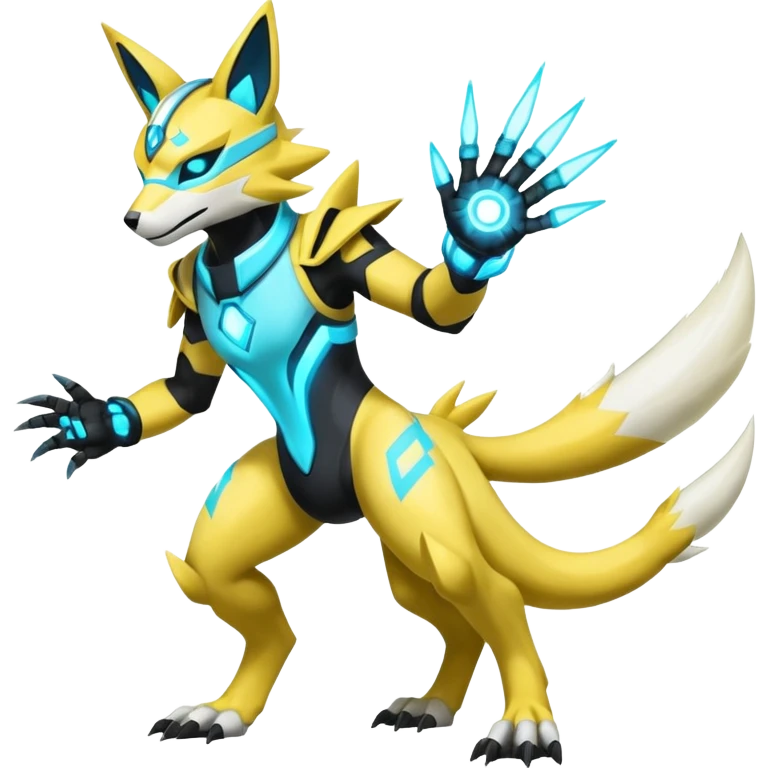 Shiny glowing neon cyan yellow white electric complex futuristic white-cyber-masked Zeraora-Renamon-Electrike-Umbreon-Lombax-Weregarurumon-fusion-creature (full body emoji