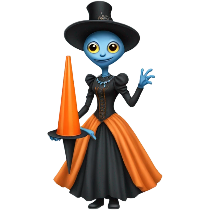alien galora in Victorian dress elegant, full body, holding big traffic cone emoji