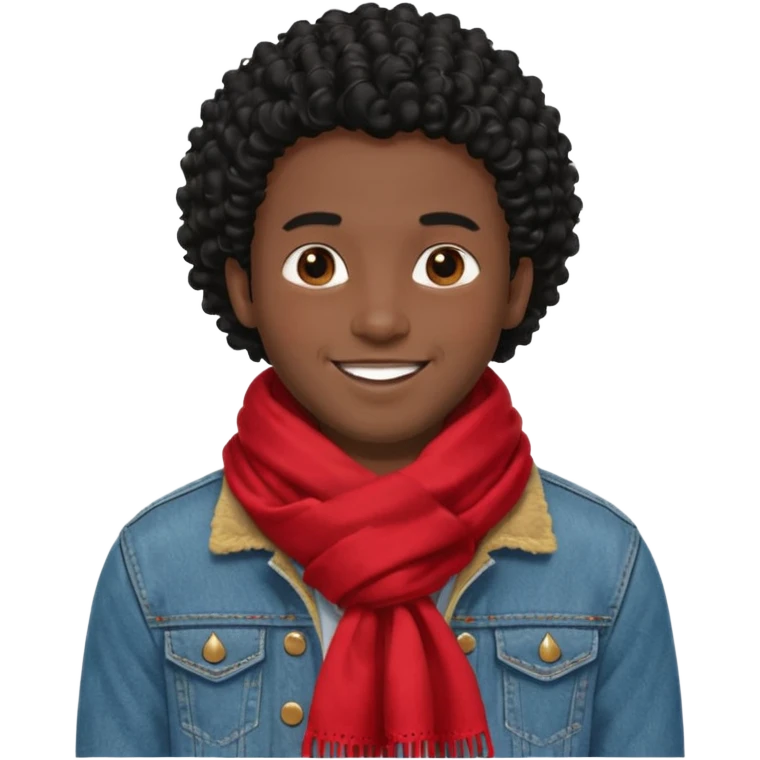 black skin man, curly black hair wear big red scraft, jean jacket emoji
