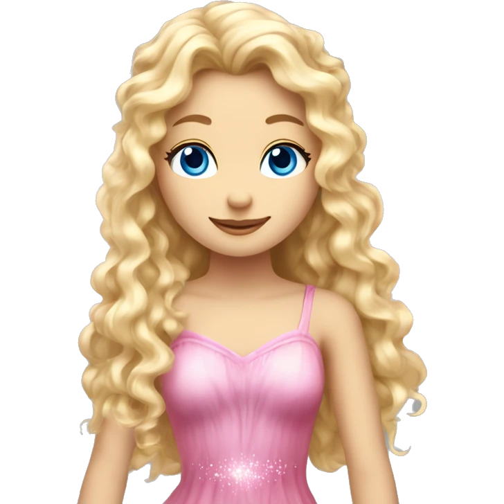 Create a blonde haired fairy with blue eyes and a pink dress with sparkly wings. The fairy has long, curly hair with a lot of volume emoji
