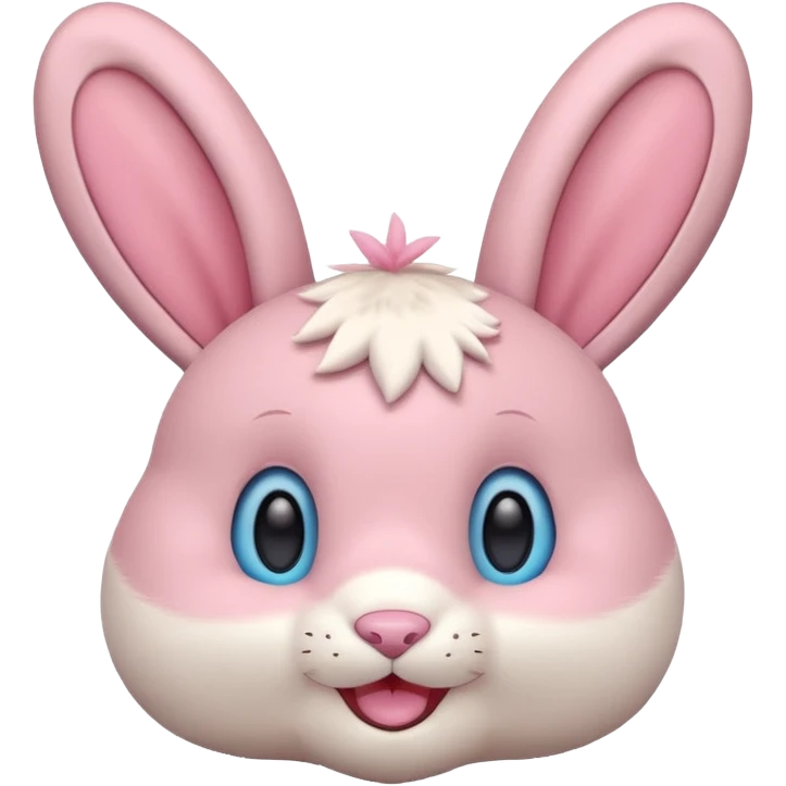Labubu toy, round head, pink fur, cream colored face, rabbit ears, smiling emoji