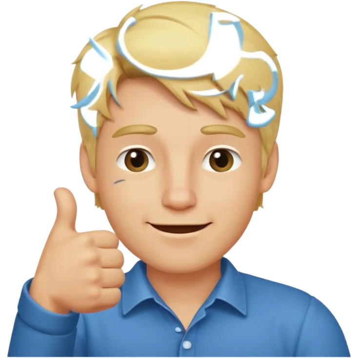 blonde haired man with head tilted winking, holding up a sideways thumbs up  emoji