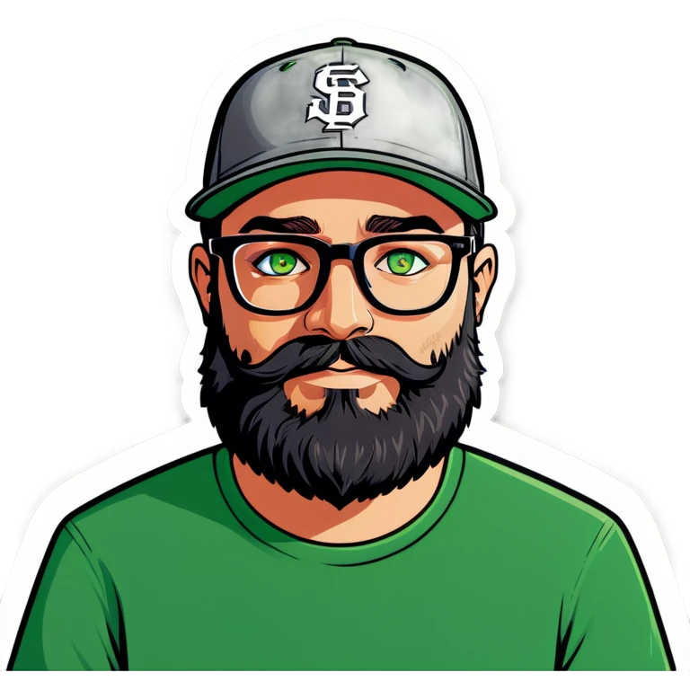 A bold man with a grey baseball cap, green eyes, big beard and glasses, holding a bouquet  emoji