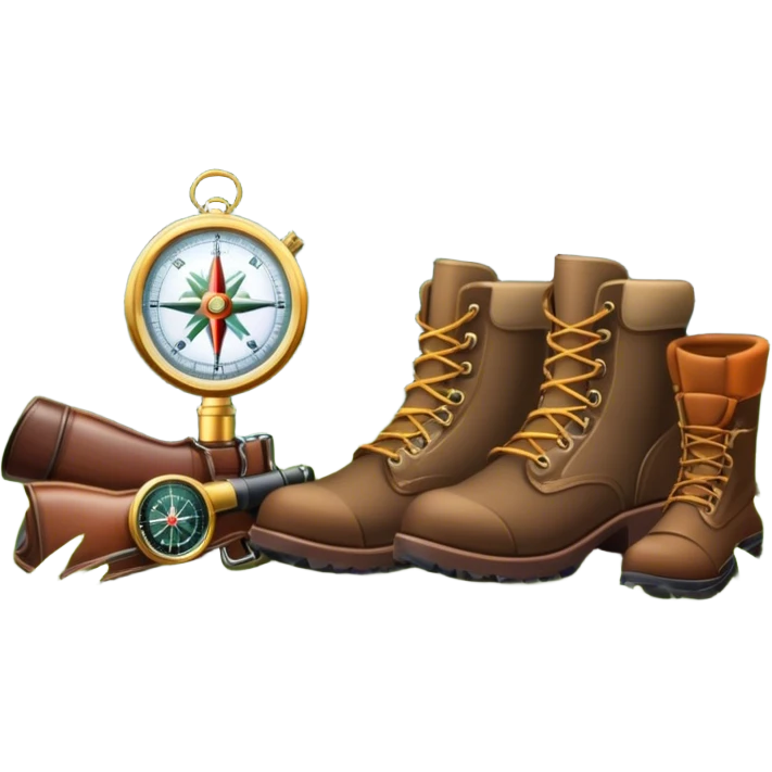 emoji for Hunting Tourism: a hunting rifle, hunting boots and a compass on a forest background, with a silhouette of wildlife in the distance. The icon should capture the adventure and connection with nature in hunting tourism. Transparent background. emoji