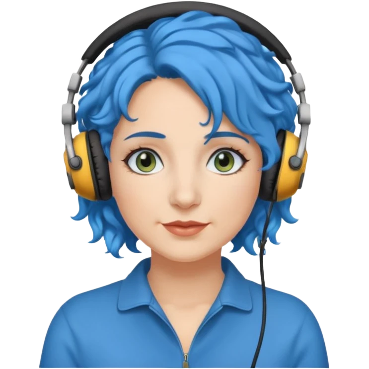 blue haired earringed heaphone wearing middle aged woman very very curly long haired and hazel eyes emoji