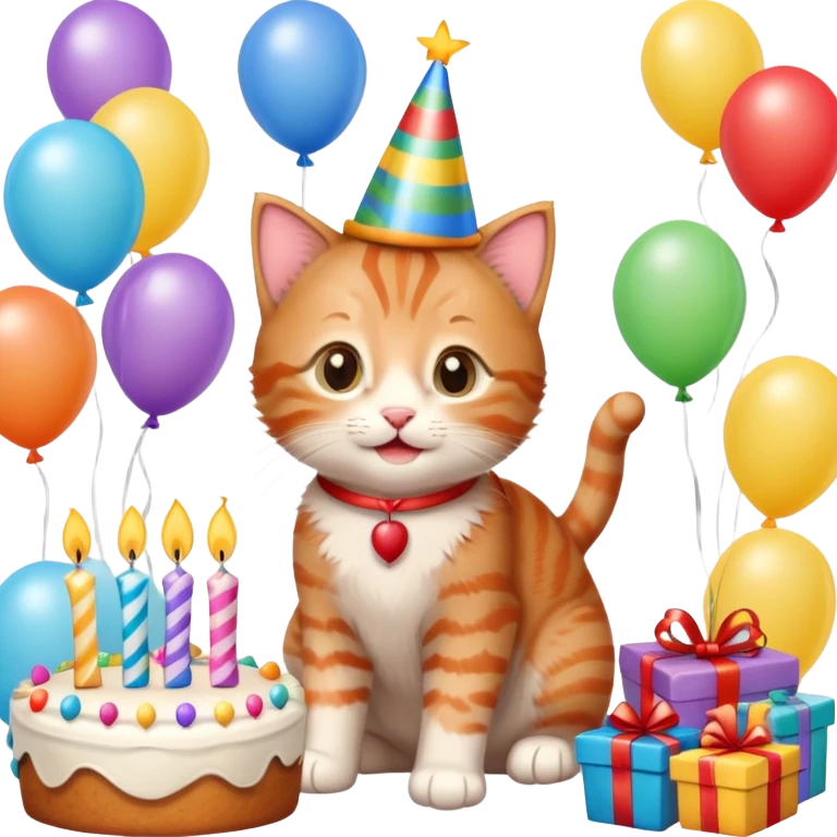 Ginger tabby kitten celebrates birthday, birthday hat, birthday cake, one candle, balloons, happy, gifts emoji