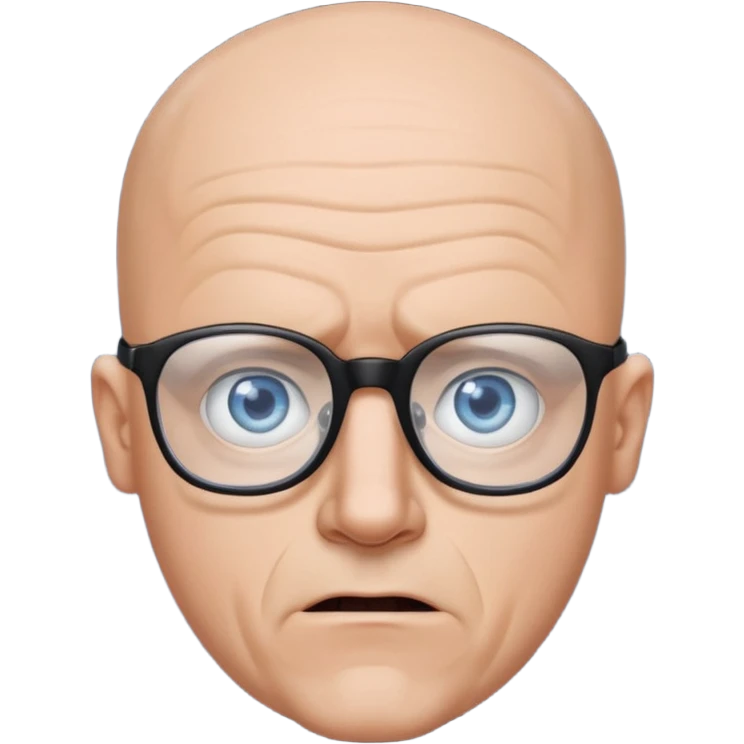 bald man with blue eyes and black rectangle eye glasses crazy emoji